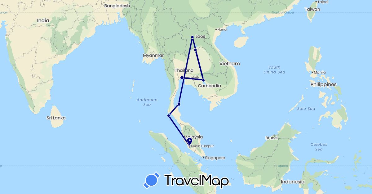 TravelMap itinerary: driving in Cambodia, Laos, Malaysia, Thailand (Asia)